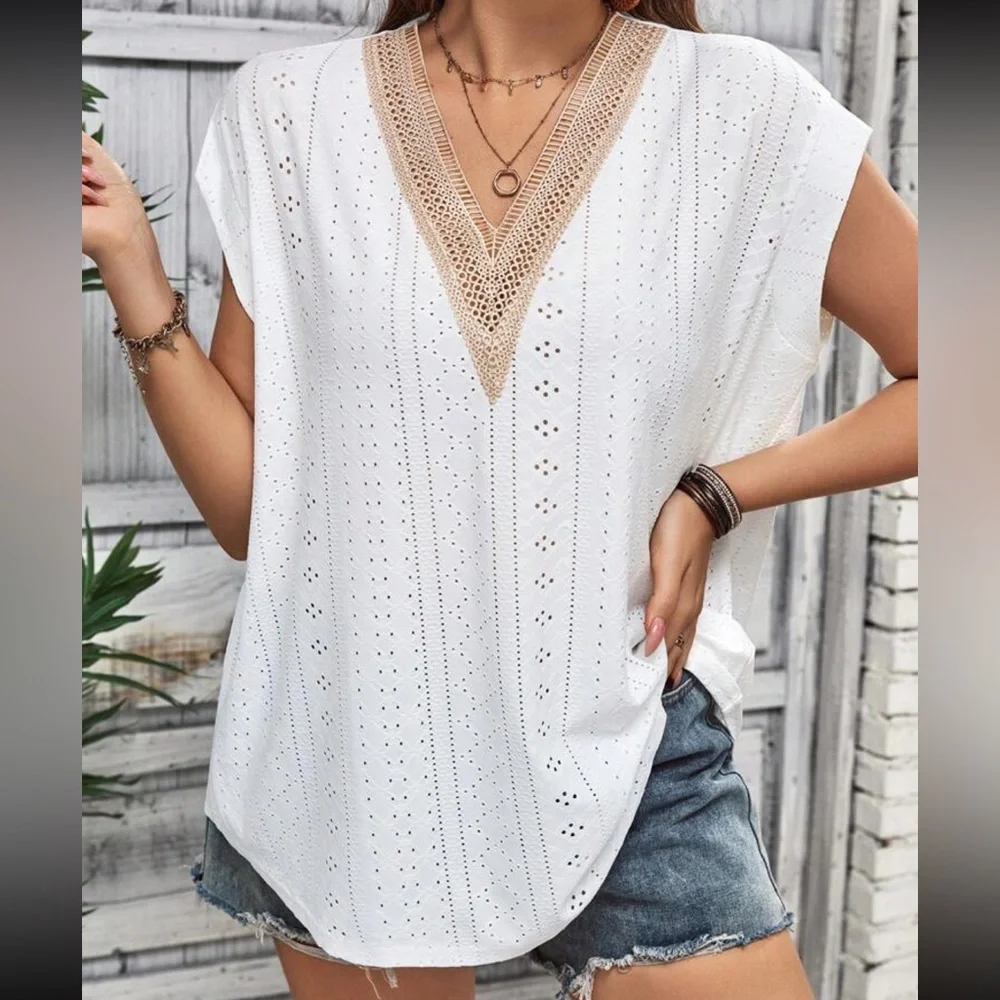 Plus Size Sheer Lace Eyelet Embroidery Dolman Sleeve Tee Shirt Top Blouse White - Picture 1 of 6